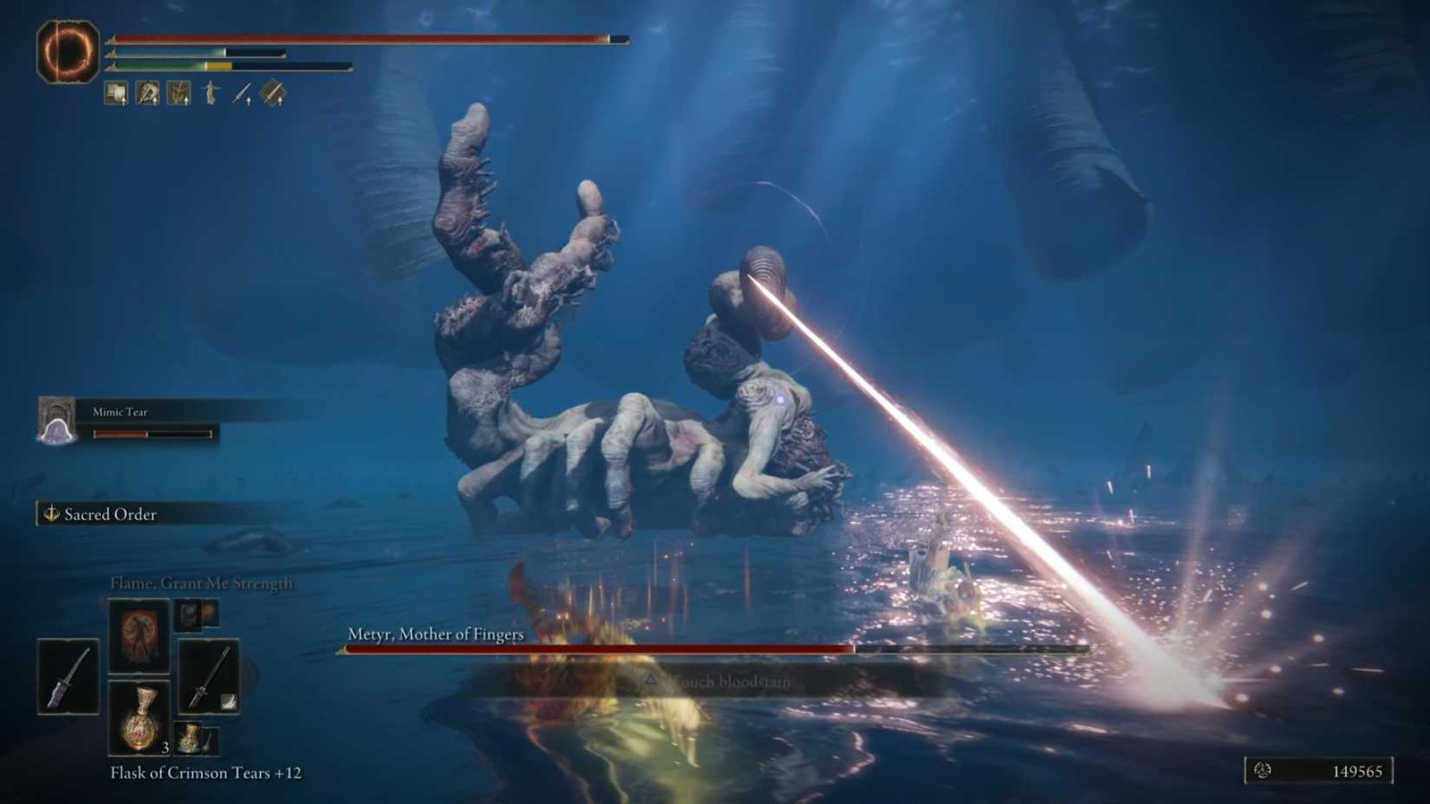 Metyr, Mother of Fingers firing a laser beam from her head-like finger in the middle of her boss fight in Elden Ring Shadow of the Erdree