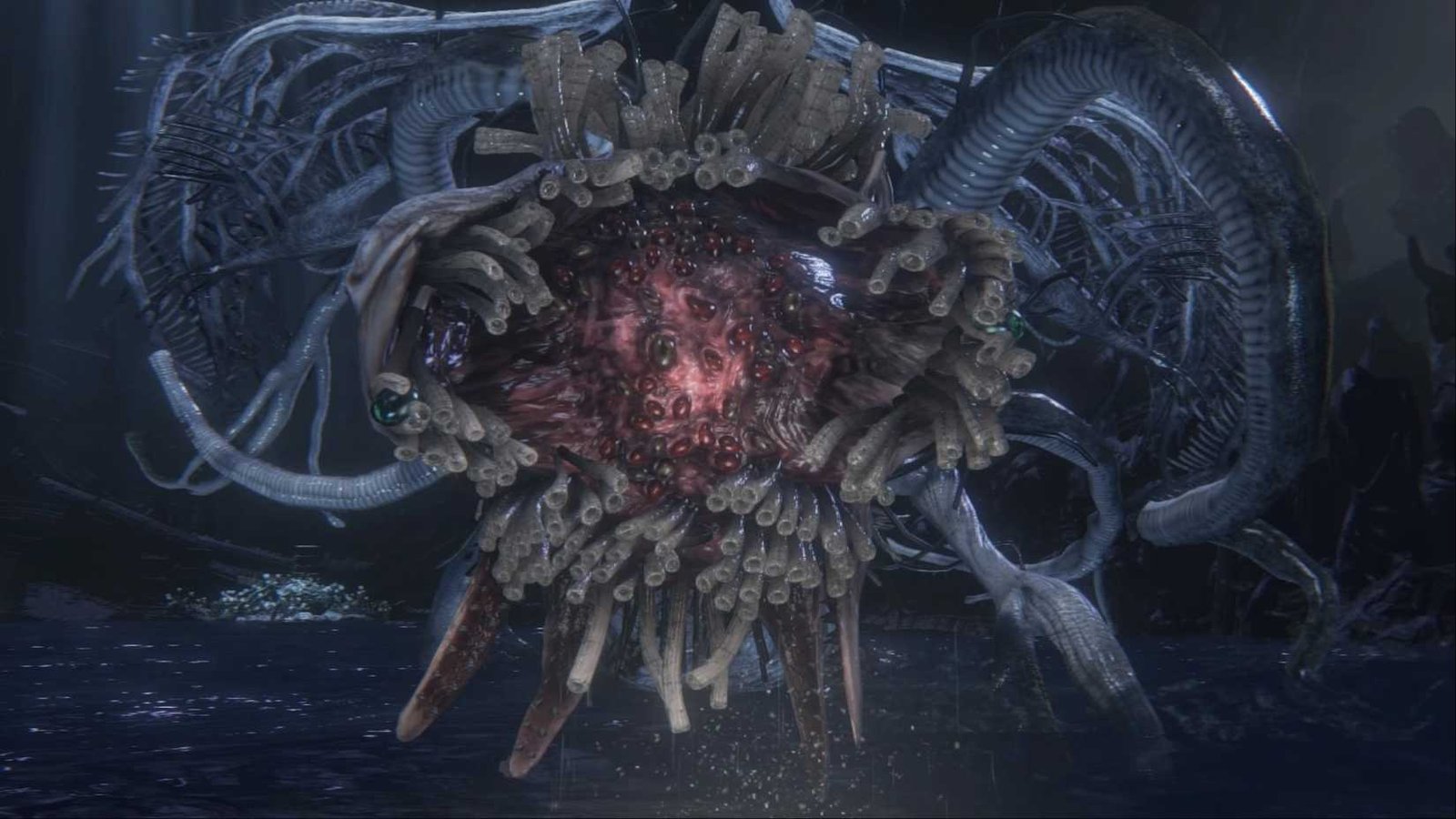 Ebrietas, Daughter of the Cosmos, letting out a roar, opening her face wide in Bloodborne.