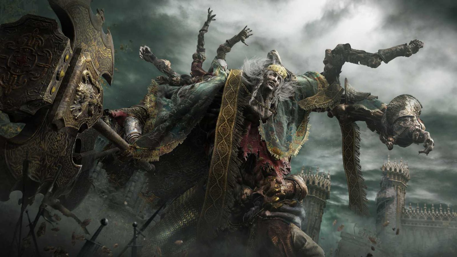 A large nobleman with several human limbs formed into his body stands over an overcast castle.