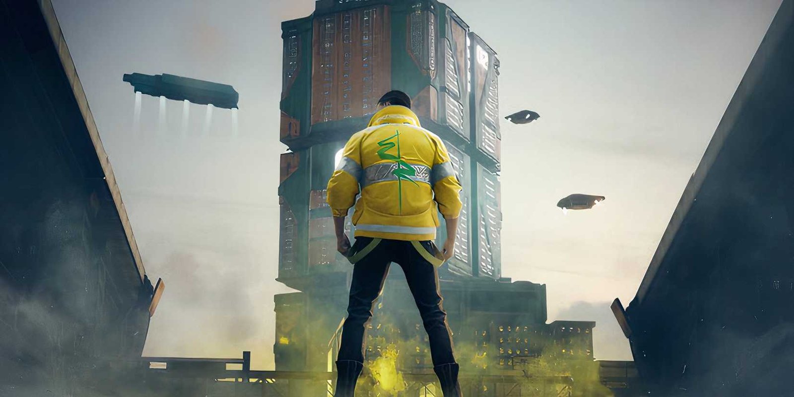 A back view of Male staring up at a giant building and several flying vehicles in the sky of Cyberpunk 2077